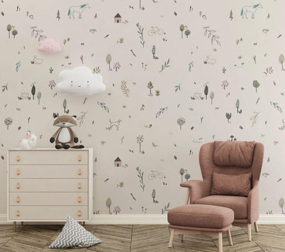 Animal And Tree Minimal Pattern Wallpaper, illustration Wallpaper Nursery, Peel and Stick Watercolor Wallpaper, Fun Wallpaper for Kids