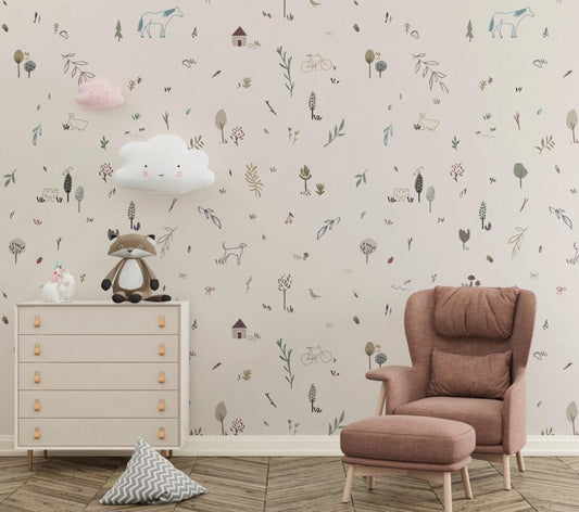 Animal And Tree Minimal Pattern Wallpaper, illustration Wallpaper Nursery, Peel and Stick Watercolor Wallpaper, Fun Wallpaper for Kids