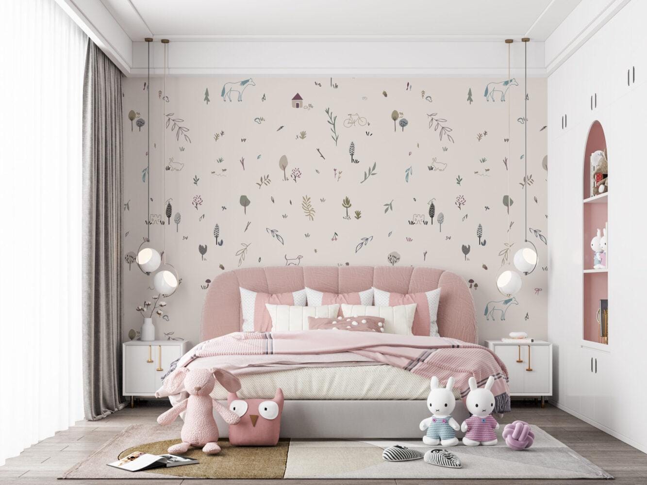 Animal And Tree Minimal Pattern Wallpaper, illustration Wallpaper Nursery, Peel and Stick Watercolor Wallpaper, Fun Wallpaper for Kids