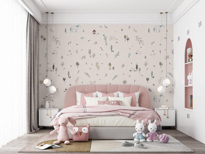 Animal And Tree Minimal Pattern Wallpaper, illustration Wallpaper Nursery, Peel and Stick Watercolor Wallpaper, Fun Wallpaper for Kids