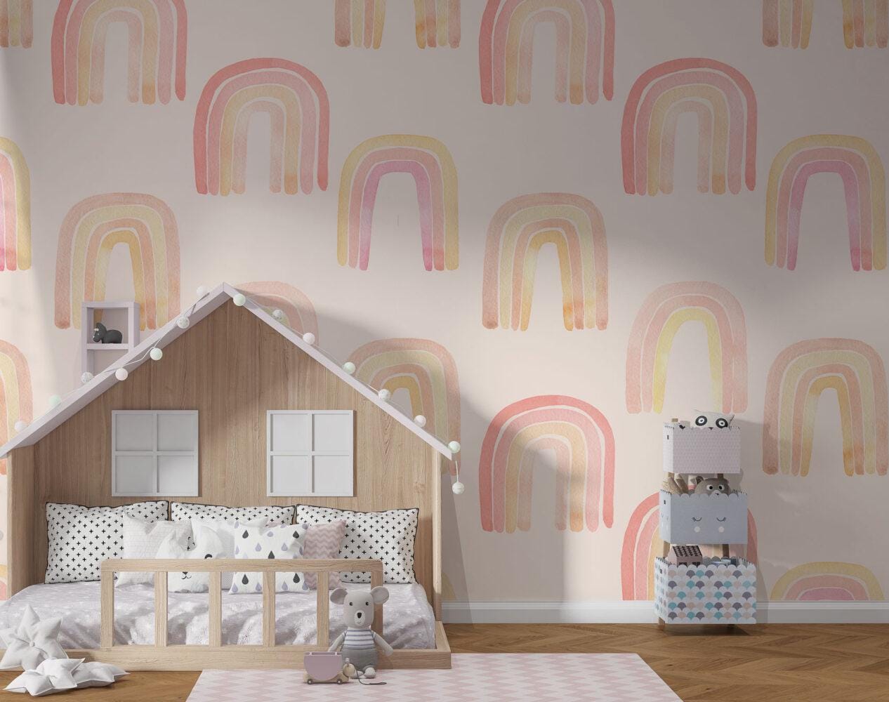 Rainbow Wallpaper for Kidsroom in Watercolor Style , Pink Wallpaper Nursery, Bright Child Wallpaper, Cute Baby Girl Wallpaper, Fun Wallpaper