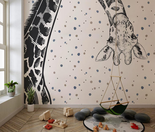 Giraffe Wallpaper in Black Color with Beige Background, Animals Wallpaper Nursery, Childrens Peel and Stick Wallpaper, Baby Wallpaper