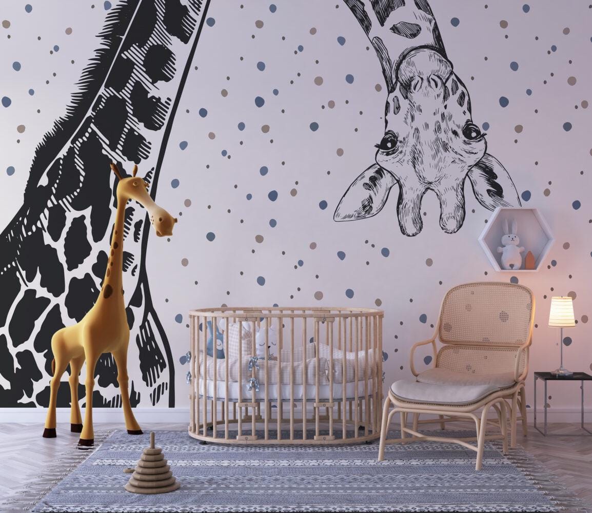 Giraffe Wallpaper in Black Color with Beige Background, Animals Wallpaper Nursery, Childrens Peel and Stick Wallpaper, Baby Wallpaper