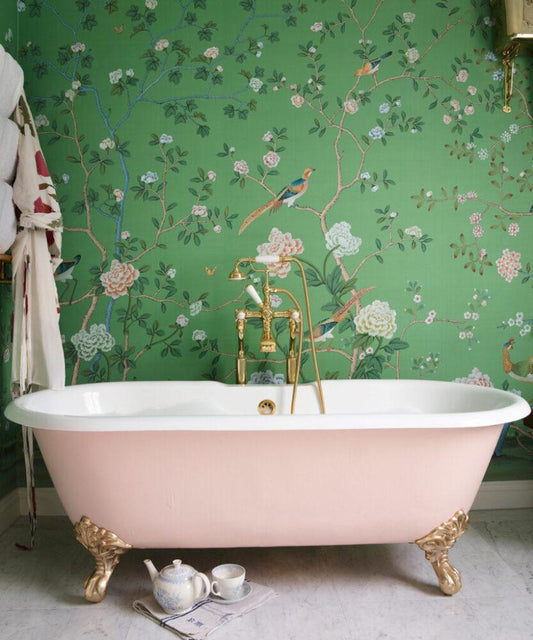 Green Background Wallpaper with Birds and Flowers, Vintage Floral Pattern Wallpaper, Romantic Drawing Mural, Elegant Chinoiserie Wallpaper