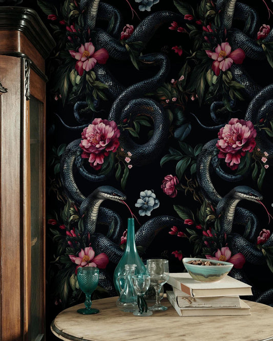 Snakes and Flowers Wallpaper, Dark Botanical Wallpaper, Botanical Night Wallpaper, Colourful Exotic Plants on Black Background Wallpaper