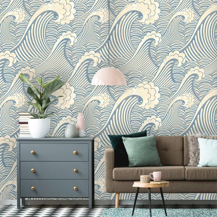 Blue Sea Waves Wallpaper, Illustration Wallpaper, Nature Wallpaper, Modern Wall Mural, Abstract Pattern Wallpaper, Blue Wallpaper