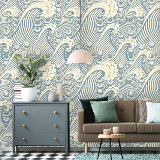 Blue Sea Waves Wallpaper, Illustration Wallpaper, Nature Wallpaper, Modern Wall Mural, Abstract Pattern Wallpaper, Blue Wallpaper