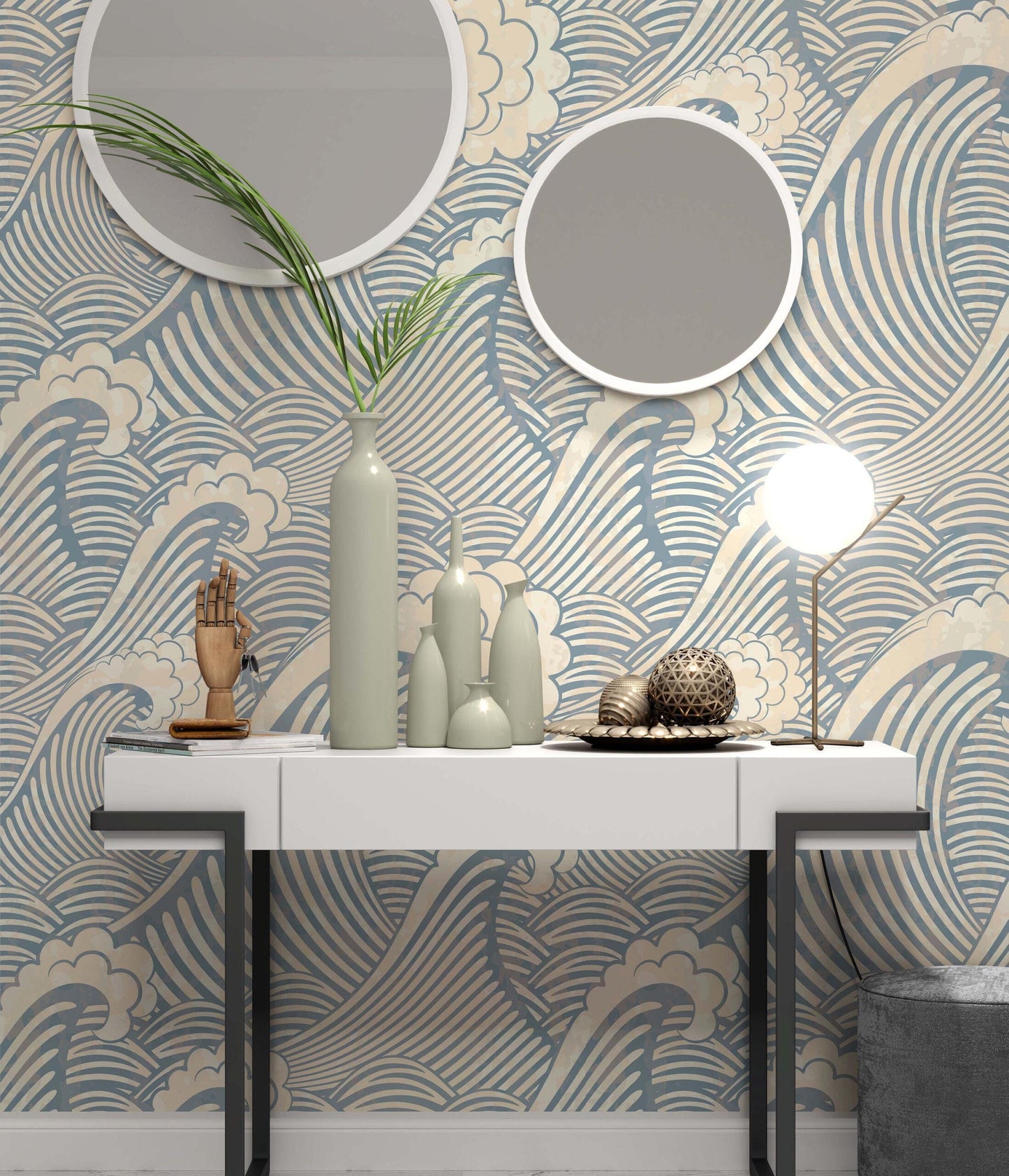 Blue Sea Waves Wallpaper, Illustration Wallpaper, Nature Wallpaper, Modern Wall Mural, Abstract Pattern Wallpaper, Blue Wallpaper