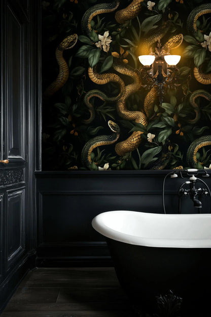 Gold Snakes With Ivy Wallpaper, Dark Botanical Wallpaper, Botanical Night Wallpaper, Colourful Exotic Plants on Black Background Wallpaper