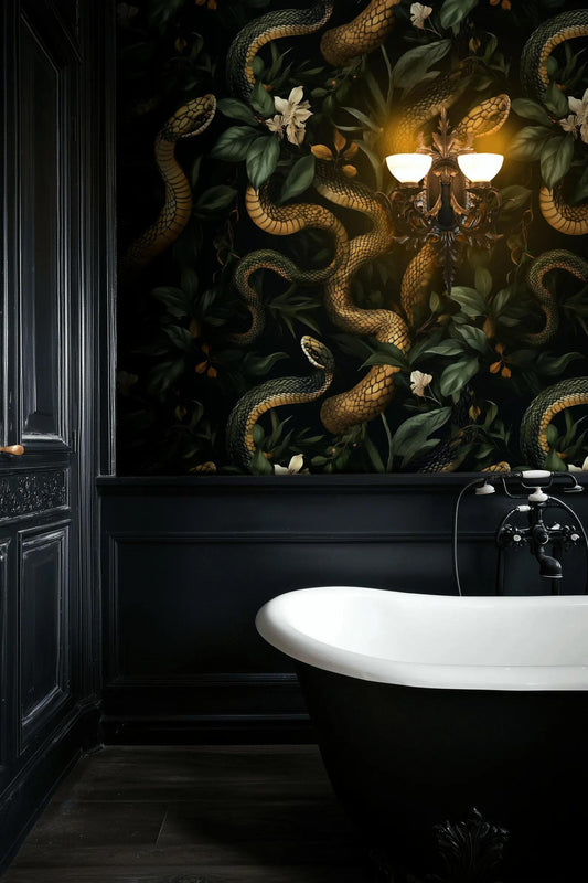 Gold Snakes With Ivy Wallpaper, Dark Botanical Wallpaper, Botanical Night Wallpaper, Colourful Exotic Plants on Black Background Wallpaper