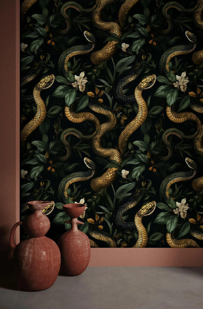 Gold Snakes With Ivy Wallpaper, Dark Botanical Wallpaper, Botanical Night Wallpaper, Colourful Exotic Plants on Black Background Wallpaper