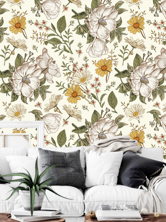 Blooming Flowers Daisy Rose Petunia Wallpaper, Floral Wallpaper, Colourful Romantic Wall Mural, Peel and Stick Wallpaper, Spring Wallpaper