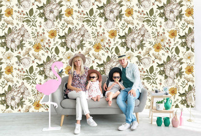 Blooming Flowers Daisy Rose Petunia Wallpaper, Floral Wallpaper, Colourful Romantic Wall Mural, Peel and Stick Wallpaper, Spring Wallpaper
