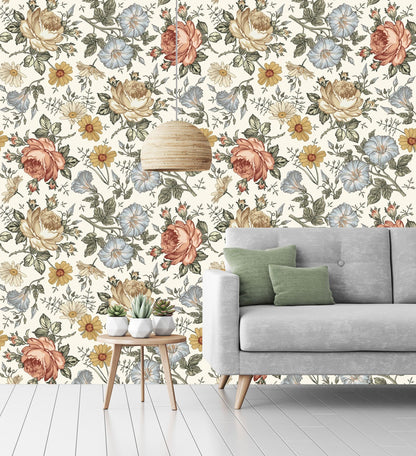Daisy Rose Hibiscus Flowers Wallpaper, Floral Wallpaper, Colourful Romantic Wall Mural, Peel and Stick Wallpaper, Spring Themed Wallpaper