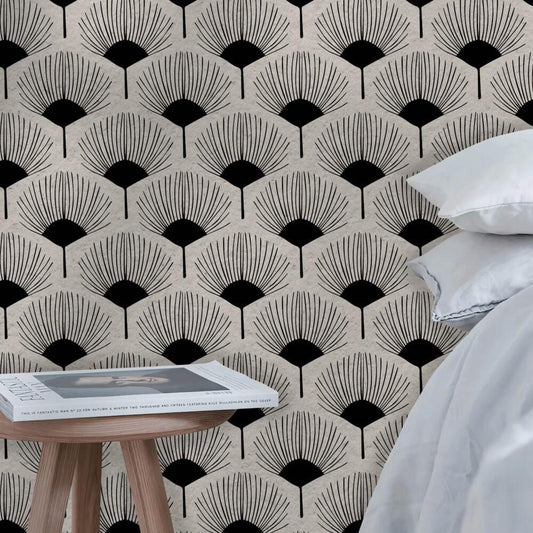 Abstract Black and White Fan Flowers Wallpaper, Peel and Stick Wallpaper, Stylish Room Design,  Design Wallpaper, Modern Artistic Wallpaper