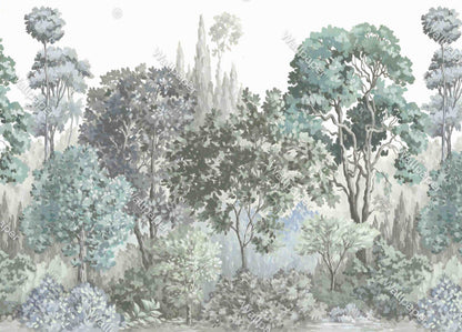 Forest Visual Wallpaper in Soft Green Tones, Trees Wallpaper, Nature Mural, Painting Wallpaper, Vintage Nature Wallpaper, Green Wallpaper