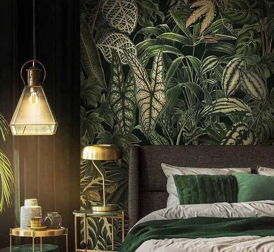 Green Leaves Wallpaper, Dark Botanical Wallpaper, Botany Night Wallpaper, Exotic Plants Wallpaper, Bohemian Wallpaper