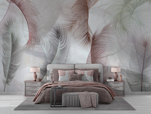 Soft Colorful Feathers Wallpaper, Art Wallpaper, Nature Mural, Painting Wallpaper, Peel and Stick Soothing Themed Wallpaper in Cold Tones