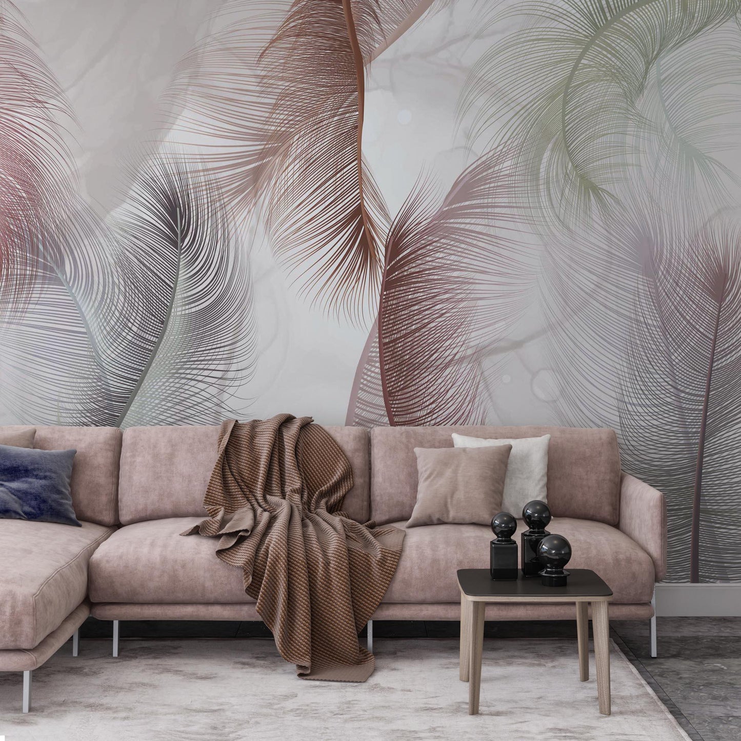 Soft Colorful Feathers Wallpaper, Art Wallpaper, Nature Mural, Painting Wallpaper, Peel and Stick Soothing Themed Wallpaper in Cold Tones