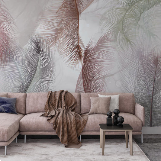 Soft Colorful Feathers Wallpaper, Art Wallpaper, Nature Mural, Painting Wallpaper, Peel and Stick Soothing Themed Wallpaper in Cold Tones