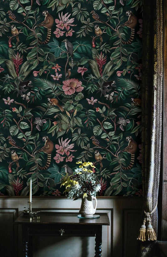 Elegant Dark Botanical Garden With Animals Wallpaper, Exotic Flowers on black Background, Mystic Wallpaper, Floral Bohemian Wallpaper