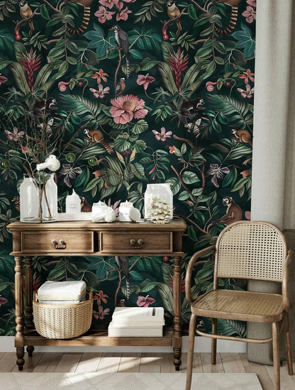 Elegant Dark Botanical Garden With Animals Wallpaper, Exotic Flowers on black Background, Mystic Wallpaper, Floral Bohemian Wallpaper