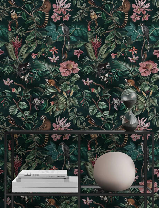 Elegant Dark Botanical Garden With Animals Wallpaper, Exotic Flowers on black Background, Mystic Wallpaper, Floral Bohemian Wallpaper