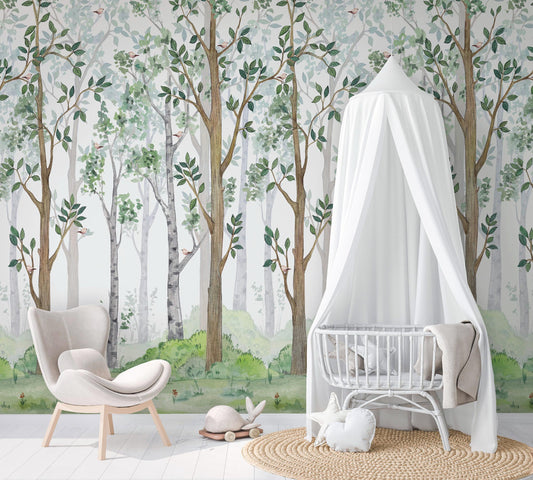 Green Leaves Tree Baby Wallpaper, Wallpaper Nursery, Baby Mural, Watercolor Nature Kids Wallpaper, Forest Kidsroom Wallpaper