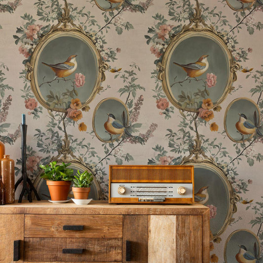 Vintage Birds and Flowers, Nature Frame Wallpaper, Vintage Floral Pattern Wallpaper, Romantic Drawing Mural, Elegant Chinoiserie Wallpaper