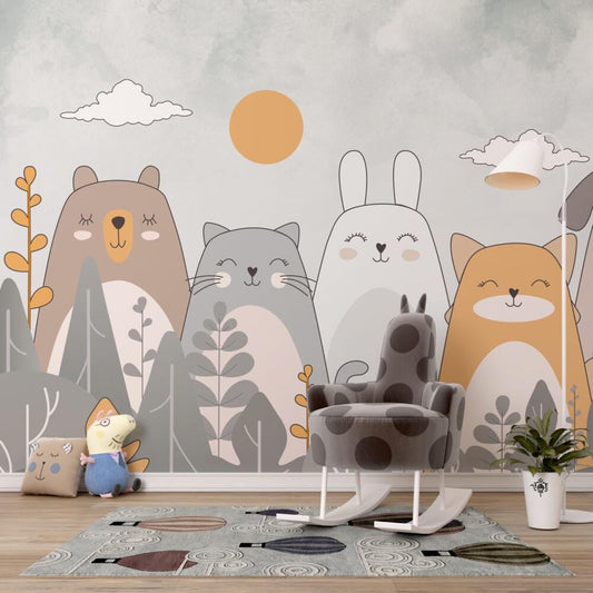 Cute Animals Wallpaper in Linear Soft Tones, Bear Cat Rabbit Wallpaper Nursery, Children Wallpaper, Peel and Stick Wallpaper, Baby Wallpaper