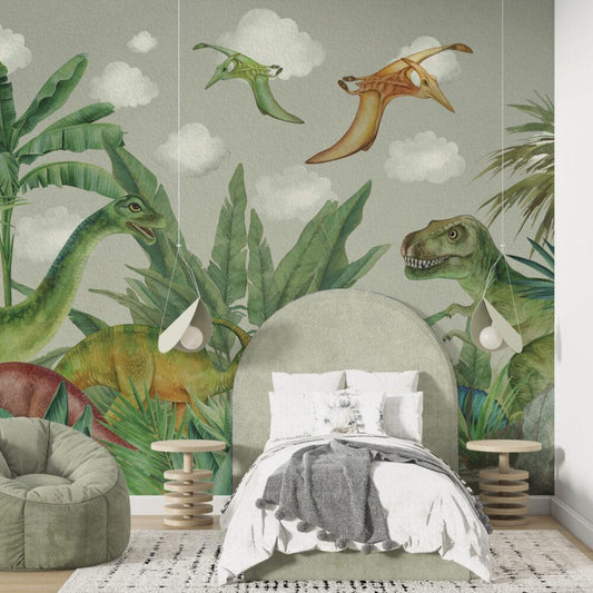 Dinosaurs And Tropical Forest Wallpaper, Wild Animals Wallpaper Nursery, Jungle Children Wallpaper, Peel and Stick Wallpaper, Baby Wallpaper