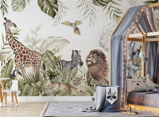 Wildlife Safari Lion Leopard Elephant Giraffe Wallpaper for Kidsroom, Child Wallpaper, Peel and Stick Wall Mural Nursery, Jungle Wallpaper