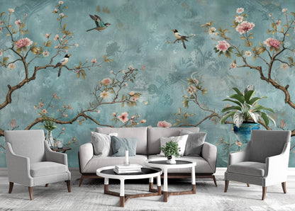Birds and Flowers Wallpaper on Turquoise Background, Spring Flowers Wallpaper, Floral Wallpaper, Romantic Mural, Blooming Drawing Wallpaper