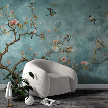 Birds and Flowers Wallpaper on Turquoise Background, Spring Flowers Wallpaper, Floral Wallpaper, Romantic Mural, Blooming Drawing Wallpaper