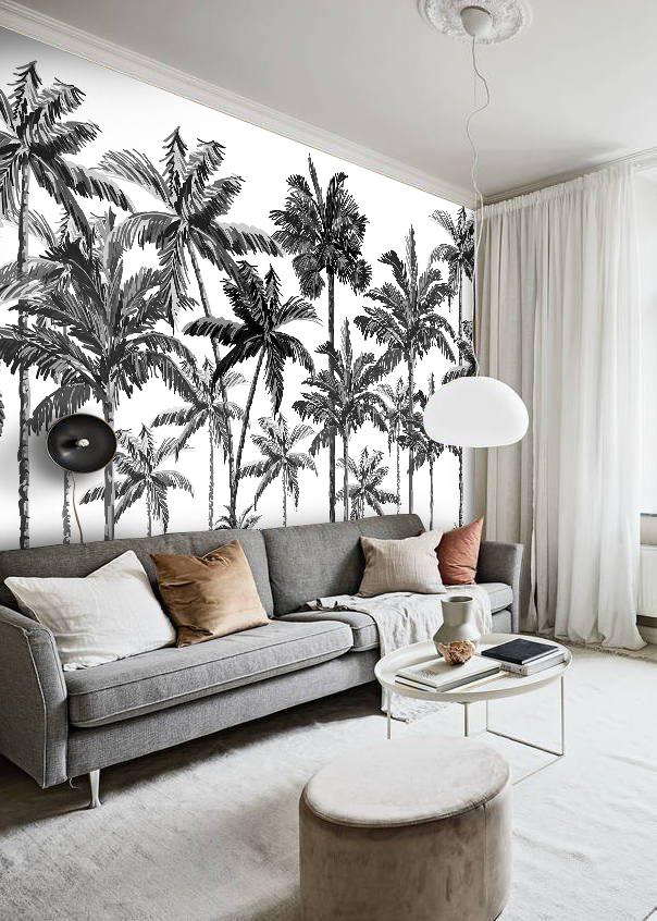 Black and White Tropical Trees Wallpaper, Dark Gray Wallpaper, Palm Wall Mural, Peel and Stick Wallpaper, Stylish Room Design, Wall Design