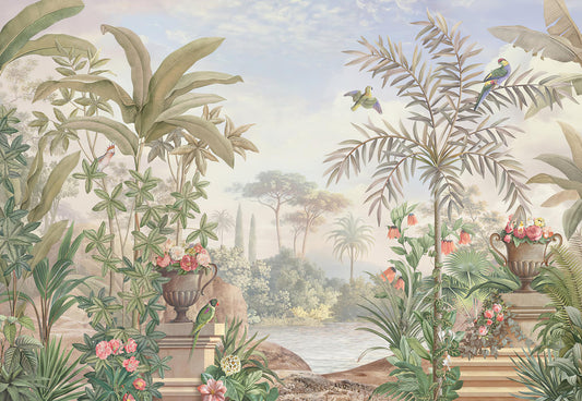 Bird Garden in Tropical Forest Wallpaper, Bohemian Wallpaper, Trees Mural Peel and Stick Wallpaper, Antique Botany Drawwing Wallpaper
