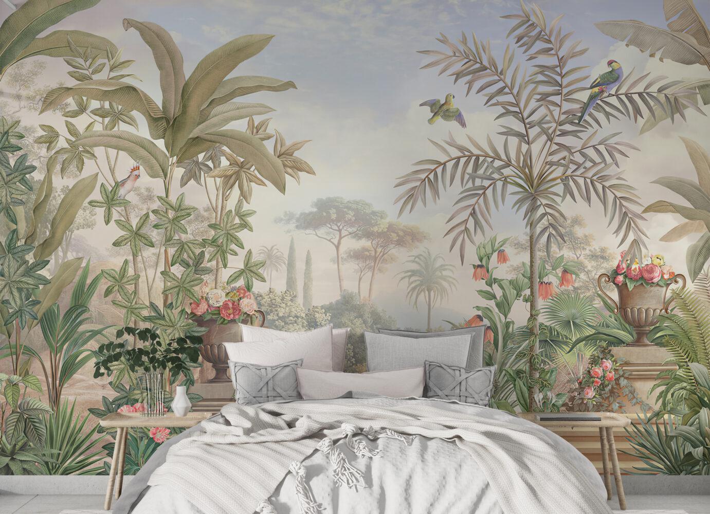 Bird Garden in Tropical Forest Wallpaper, Bohemian Wallpaper, Trees Mural Peel and Stick Wallpaper, Antique Botany Drawwing Wallpaper