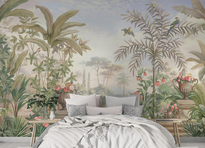 Bird Garden in Tropical Forest Wallpaper, Bohemian Wallpaper, Trees Mural Peel and Stick Wallpaper, Antique Botany Drawwing Wallpaper