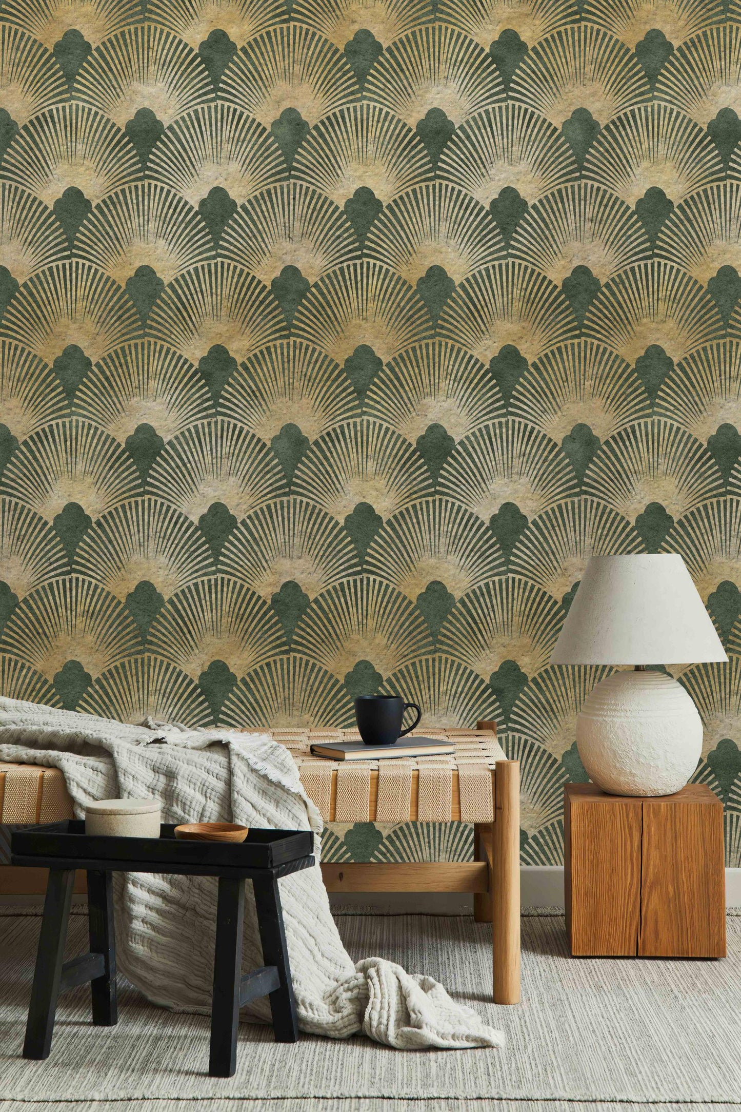 Green and Gold Geometric Pattern Wallpaper, Abstract Wallpaper with Vintage Pattern, Boho Style Wallpaper, Design Modern Pattern Wallpaper