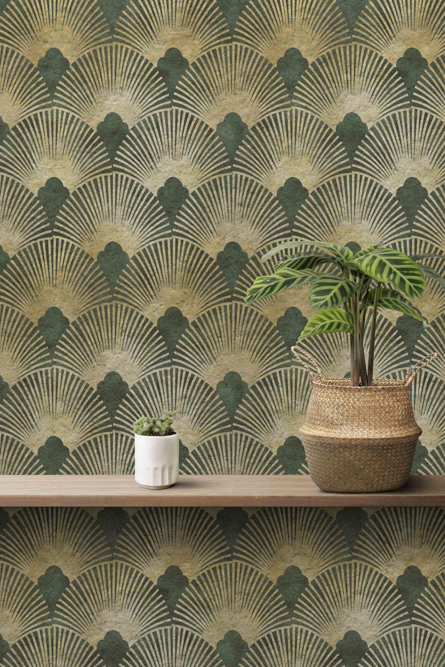 Green and Gold Geometric Pattern Wallpaper, Abstract Wallpaper with Vintage Pattern, Boho Style Wallpaper, Design Modern Pattern Wallpaper