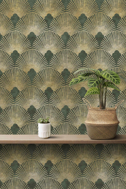 Green and Gold Geometric Pattern Wallpaper, Abstract Wallpaper with Vintage Pattern, Boho Style Wallpaper, Design Modern Pattern Wallpaper