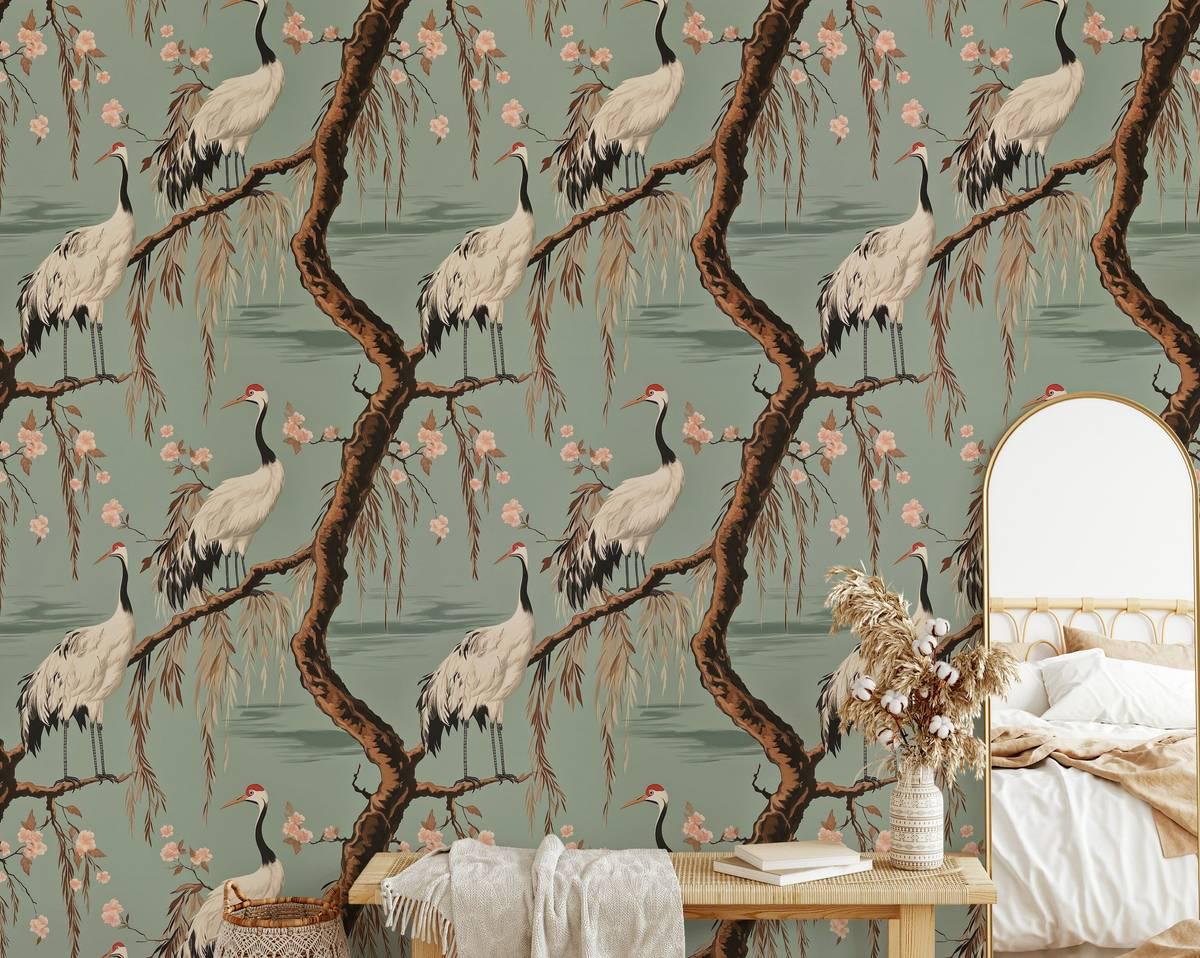 Crane Birds and Cherry Blossom Wallpaper River Green Tones, Special Design Romantic Wallpaper, Birds Wallpaper, Vintage Nature Wallpaper
