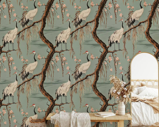 Crane Birds and Cherry Blossom Wallpaper River Green Tones, Special Design Romantic Wallpaper, Birds Wallpaper, Vintage Nature Wallpaper