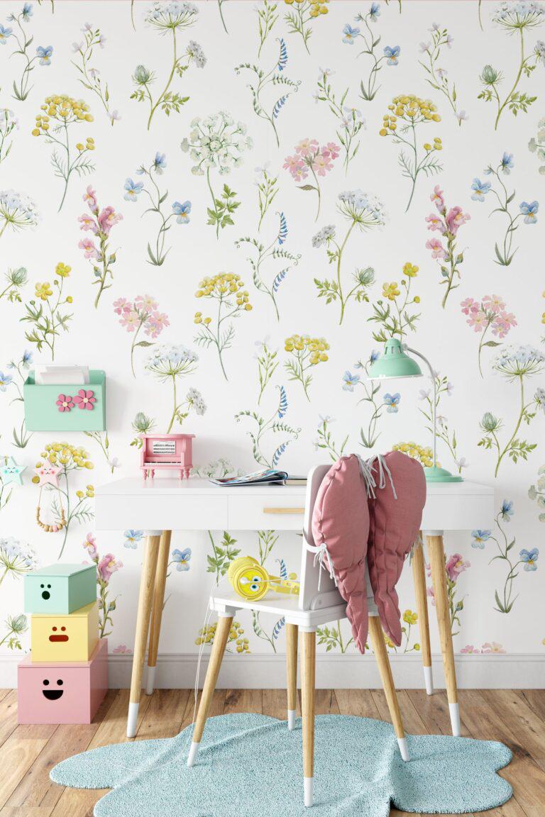 Colorful Minimal Garden Plants Elegant Wallpaper, illustration Wallpaper Nursery, Peel Stick Watercolor Wallpaper, Mini Flowers Wallpaper