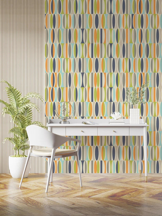 Retro Pattern Abstract Oval Wallpaper in Vintage Colors, Stylish Modern Lines Artistic 3D Wall Poster, Geometric Wallpaper, Boho Wallpaper