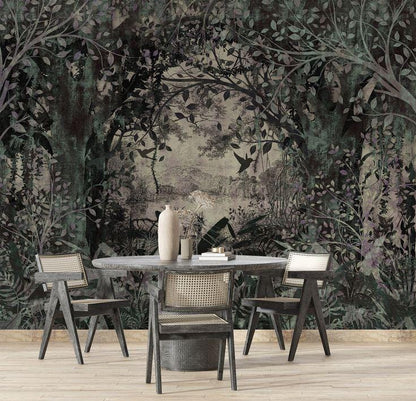 Classic Old Style Landscape Vintage Forest Wallpaper, Trees Wallpaper, Bohemian Wall Mural, Peel and Stick Wallpaper, Mystic Room Design