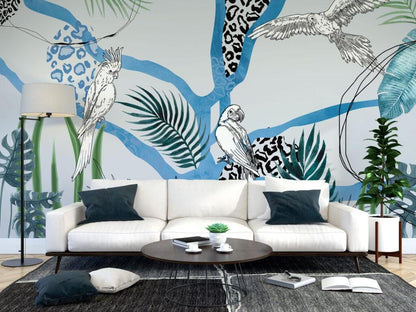 Parrot and Plant Patterned 3D Wallpaper, Tropical Wallpaper, Blue Wallpaper, Illustration Mural, Peel and Stick Wallpaper, Wall Design