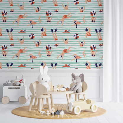 Funny Blue Sea Wallpaper, Illustration Wallpaper, People Playing in Sea Wallpaper, Modern Mural, Abstract Pattern Wallpaper, Blue Wallpaper