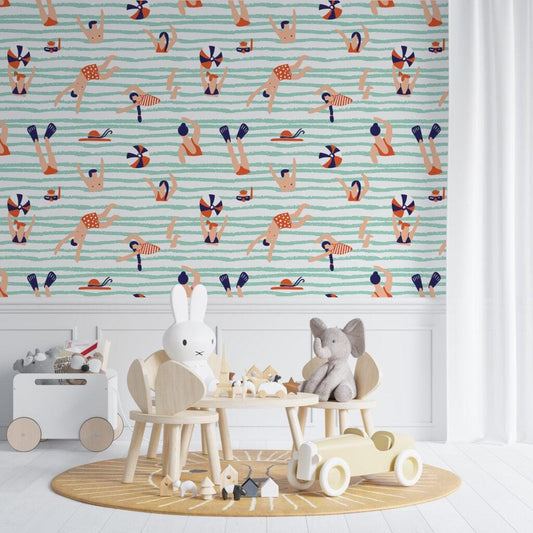 Funny Blue Sea Wallpaper, Illustration Wallpaper, People Playing in Sea Wallpaper, Modern Mural, Abstract Pattern Wallpaper, Blue Wallpaper