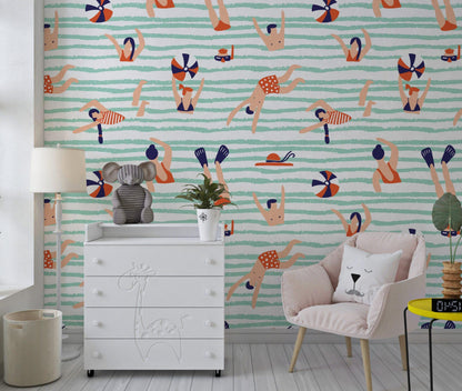 Funny Blue Sea Wallpaper, Illustration Wallpaper, People Playing in Sea Wallpaper, Modern Mural, Abstract Pattern Wallpaper, Blue Wallpaper